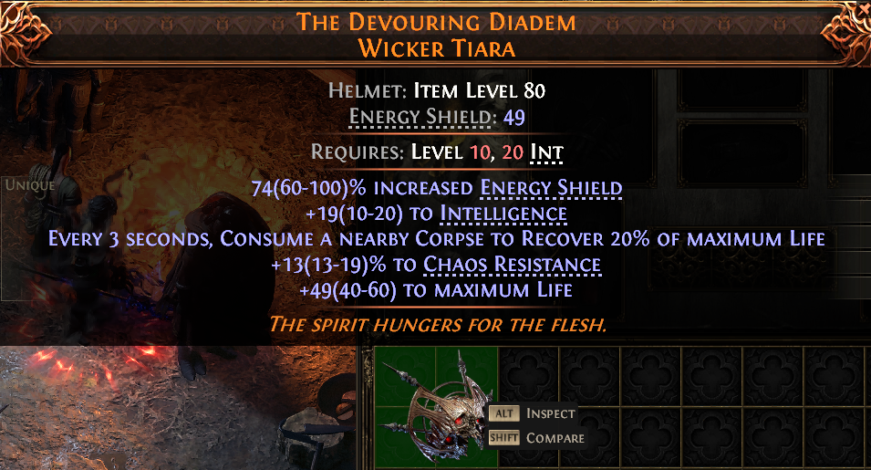 MMOJUGG Path of Exile 2 THE DEVOURING DIADEM WICKER TIARA#945349 Details View of Item Function and Use
