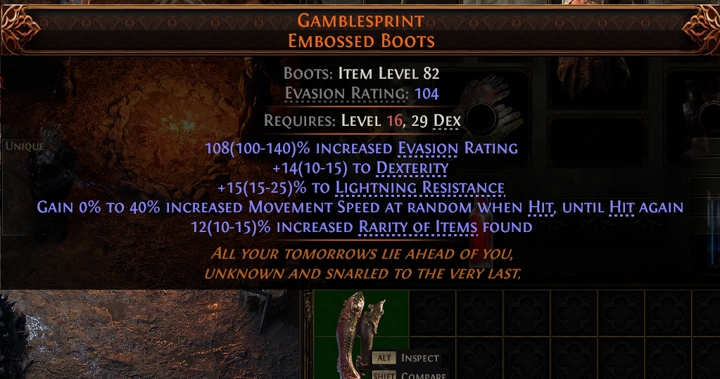 MMOJUGG Path of Exile 2 GAMBLESPRINT EMBOSSED BOOTS#945728 Details View of Item Function and Use