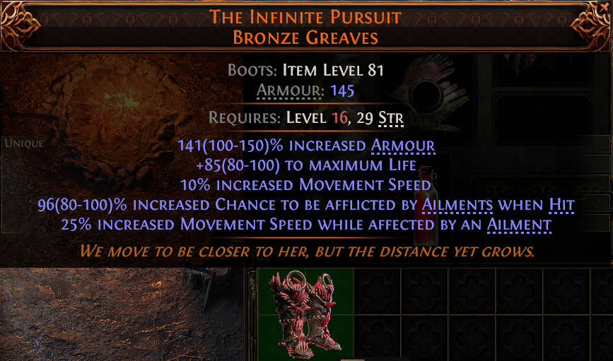 MMOJUGG Path of Exile 2 THE INFINITE PURSUIT BRONZE GREAVES#945755 Details View of Item Function and Use