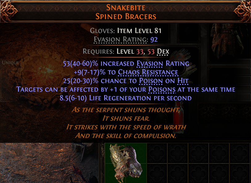 MMOJUGG Path of Exile 2 SNAKEBITE SPINED BRACERS#945783 Details View of Item Function and Use