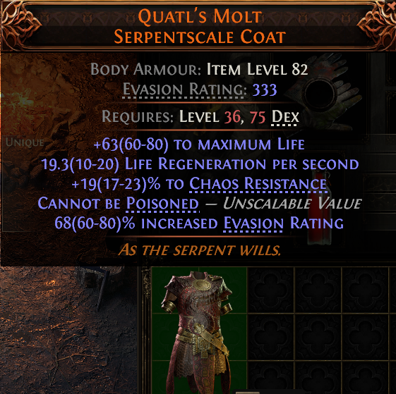 MMOJUGG Path of Exile 2 QUATL'S MOLT SERPENTSCALE COAT#945785 Details View of Item Function and Use