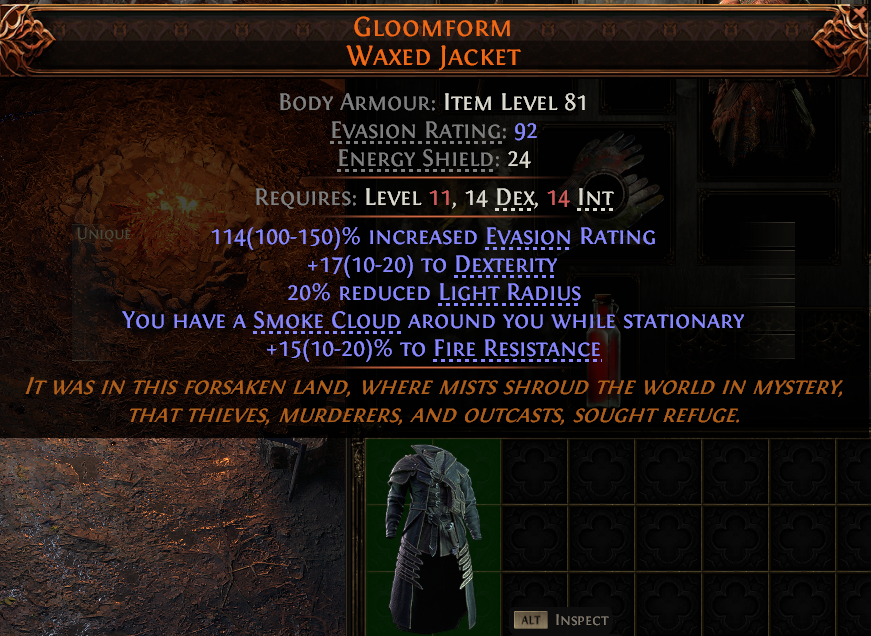 MMOJUGG Path of Exile 2 GLOOMFORM WAXED JACKET#945788 Details View of Item Function and Use