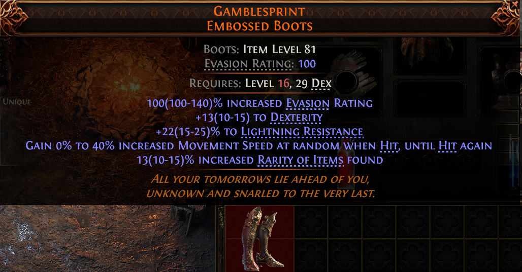 MMOJUGG Path of Exile 2 GAMBLESPRINT EMBOSSED BOOTS#945819 Details View of Item Function and Use