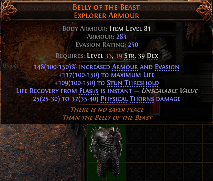 MMOJUGG Path of Exile 2 BELLY OF THE BEAST EXPLORER ARMOUR#945829 Details View of Item Function and Use