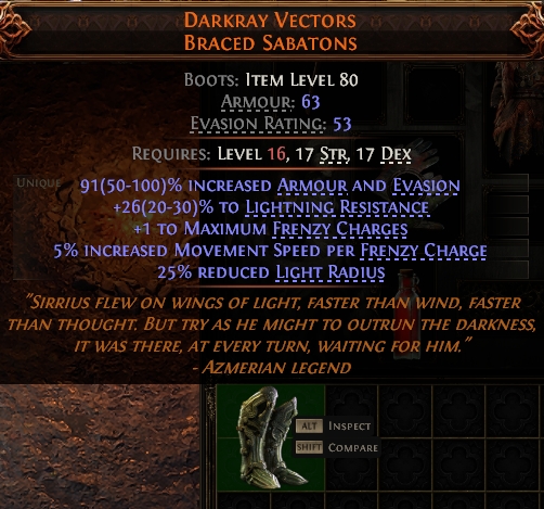 MMOJUGG Path of Exile 2 DARKRAY VECTORS BRACED SABATONS#946314 Details View of Item Function and Use