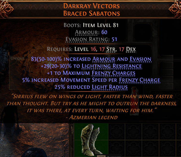 MMOJUGG Path of Exile 2 DARKRAY VECTORS BRACED SABATONS#946351 Details View of Item Function and Use