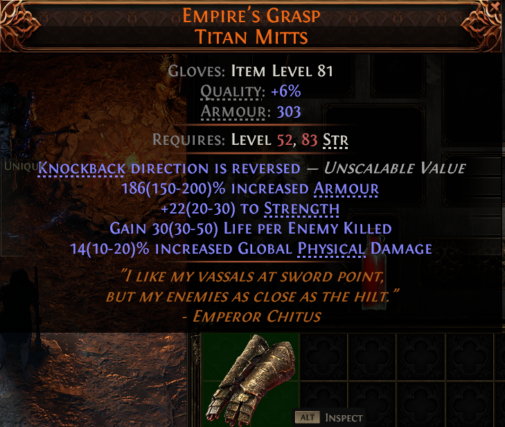 MMOJUGG Path of Exile 2 EMPIRE'S GRASP TITAN MITTS#946378 Details View of Item Function and Use