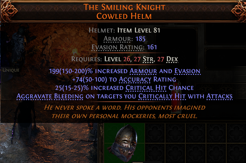 MMOJUGG Path of Exile 2 THE SMILING KNIGHT COWLED HELM#946394 Details View of Item Function and Use