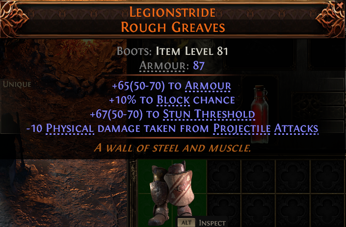 MMOJUGG Path of Exile 2 LEGIONSTRIDE ROUGH GREAVES#946395 Details View of Item Function and Use