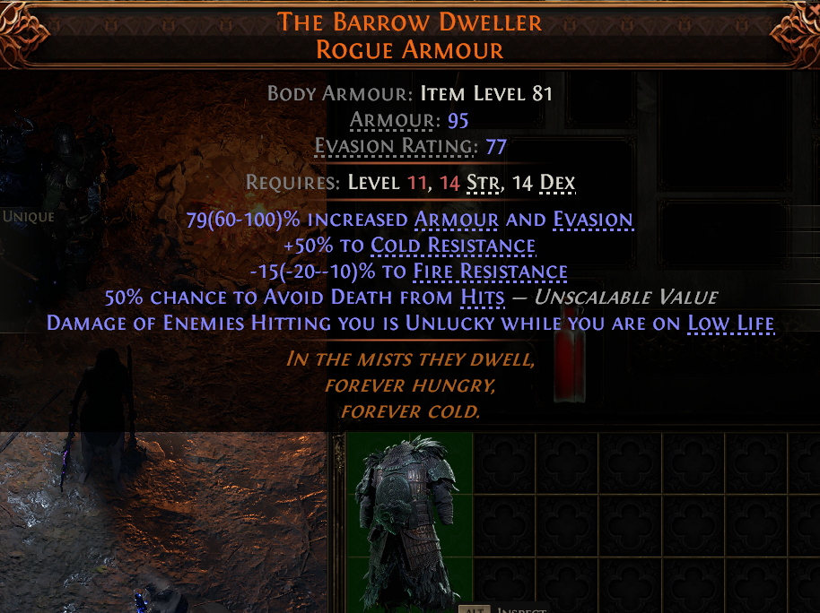 MMOJUGG Path of Exile 2 THE BARROW DWELLER ROGUE ARMOUR#946404 Details View of Item Function and Use