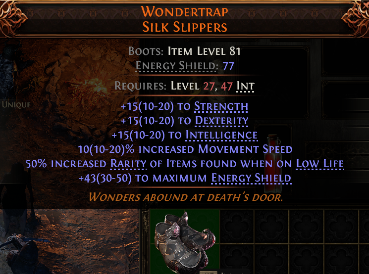 MMOJUGG Path of Exile 2 WONDERTRAP SILK SLIPPERS#946441 Details View of Item Function and Use