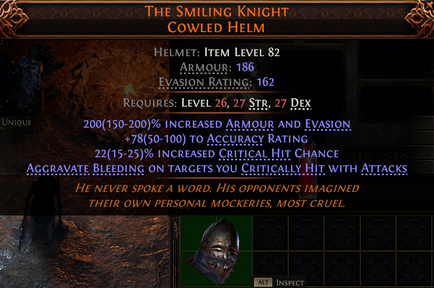 MMOJUGG Path of Exile 2 THE SMILING KNIGHT COWLED HELM#946453 Details View of Item Function and Use