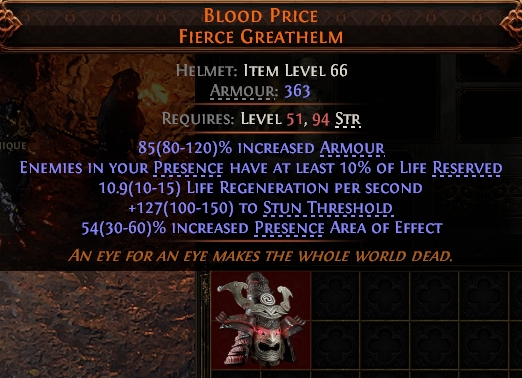 MMOJUGG Path of Exile 2 BLOOD PRICE FIERCE GREATHELM#946599 Details View of Item Function and Use