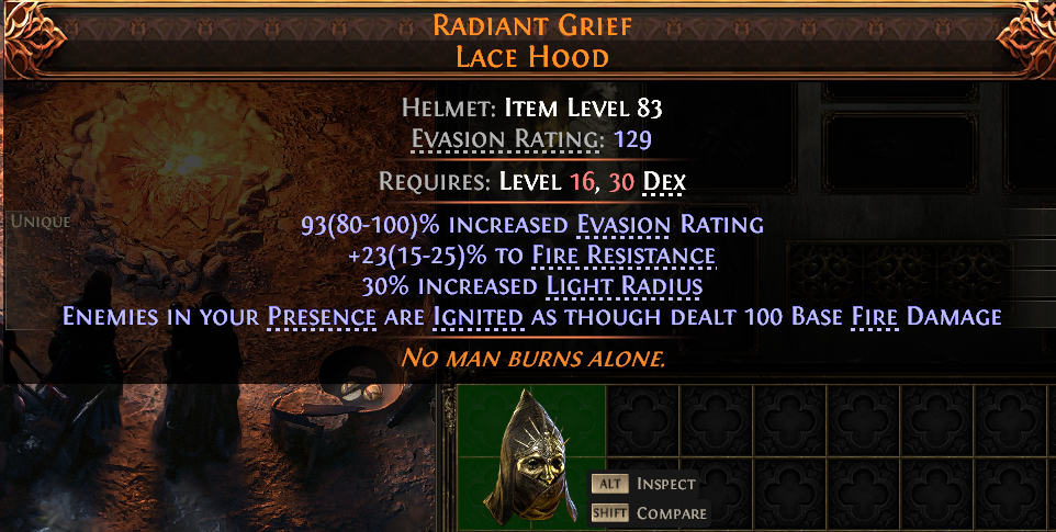 MMOJUGG Path of Exile 2 RADIANT GRIEF LACE HOOD#946741 Details View of Item Function and Use
