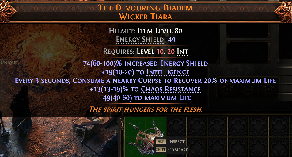 MMOJUGG Path of Exile 2 THE DEVOURING DIADEM WICKER TIARA#946762 Details View of Item Function and Use
