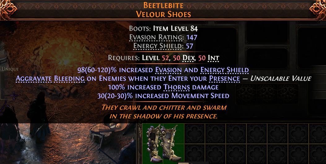 MMOJUGG Path of Exile 2 BEETLEBITE VELOUR SHOES#946768 Details View of Item Function and Use