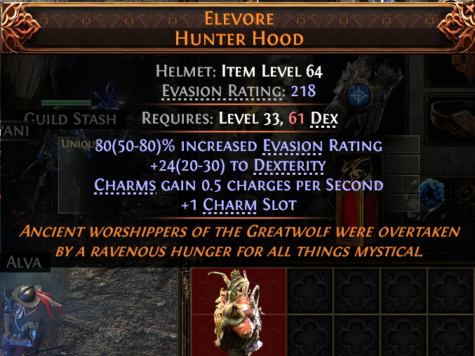 MMOJUGG Path of Exile 2 ELEVORE HUNTER HOOD#946847 Details View of Item Function and Use