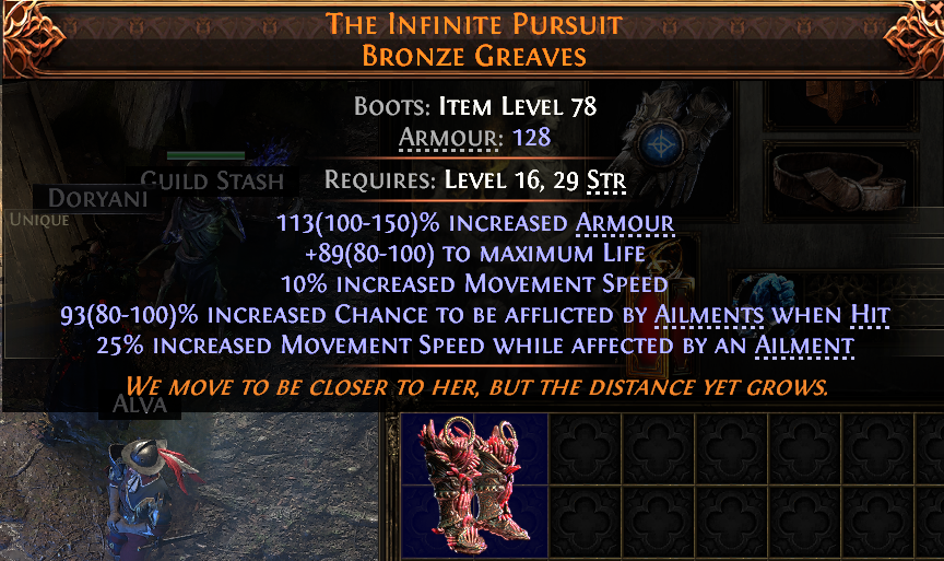 MMOJUGG Path of Exile 2 THE INFINITE PURSUIT BRONZE GREAVES#946855 Details View of Item Function and Use
