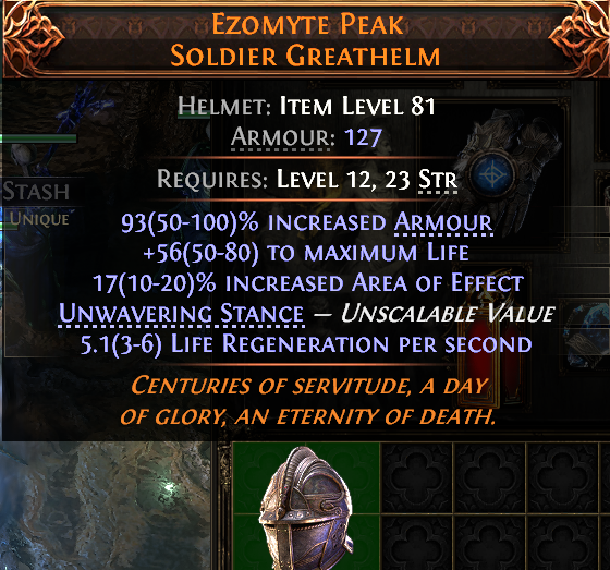 MMOJUGG Path of Exile 2 EZOMYTE PEAK SOLDIER GREATHELM#946915 Details View of Item Function and Use