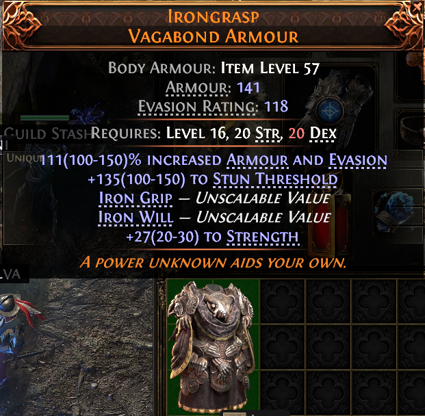 MMOJUGG Path of Exile 2 IRONGRASP VAGABOND ARMOUR#946949 Details View of Item Function and Use