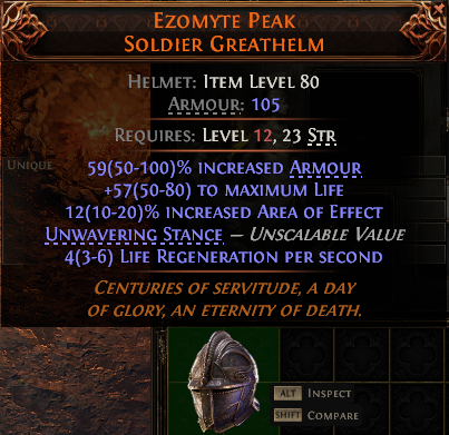 MMOJUGG Path of Exile 2 EZOMYTE PEAK SOLDIER GREATHELM#947024 Details View of Item Function and Use