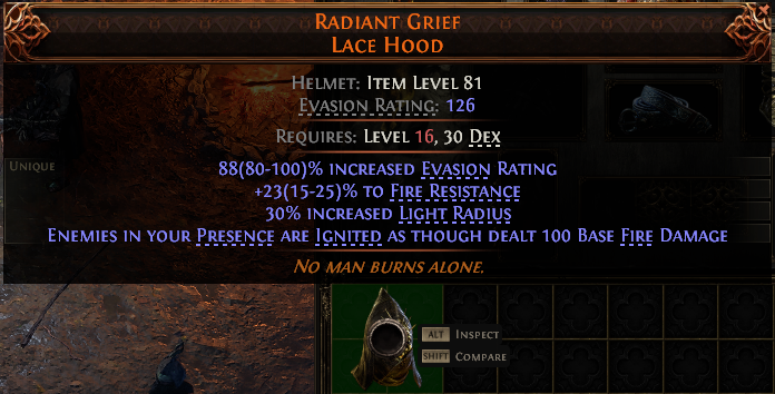 MMOJUGG Path of Exile 2 RADIANT GRIEF LACE HOOD#947027 Details View of Item Function and Use