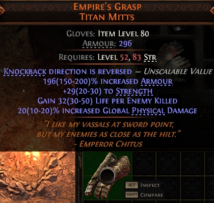 MMOJUGG Path of Exile 2 EMPIRE'S GRASP TITAN MITTS#947390 Details View of Item Function and Use