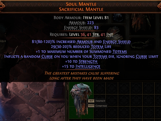 PoE2 (Runes of Aldur 0.5.0) SOUL MANTLE SACRIFICIAL MANTLE#947931 Details anzeigen MMOJUGG 流亡黯道 2 (Path of Exile 2) SOUL MANTLE SACRIFICIAL MANTLE#947931 Funktion und Verwendung des Gegenstände