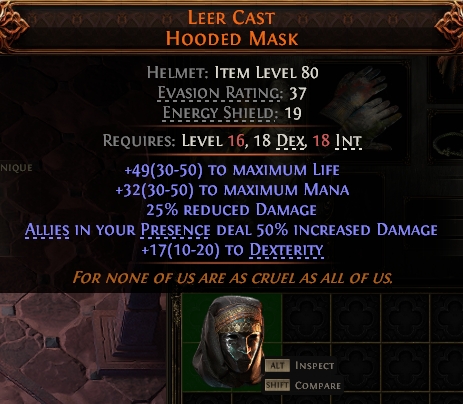 MMOJUGG Path of Exile 2 LEER CAST HOODED MASK#947937 Details View of Item Function and Use