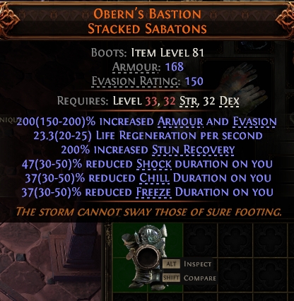 MMOJUGG Path of Exile 2 OBERN'S BASTION STACKED SABATONS#947941 Details View of Item Function and Use