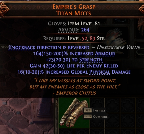 MMOJUGG Path of Exile 2 EMPIRE'S GRASP TITAN MITTS#947956 Details View of Item Function and Use