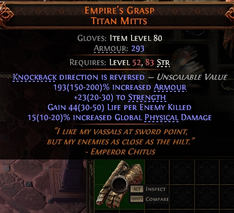 MMOJUGG Path of Exile 2 EMPIRE'S GRASP TITAN MITTS#947967 Details View of Item Function and Use
