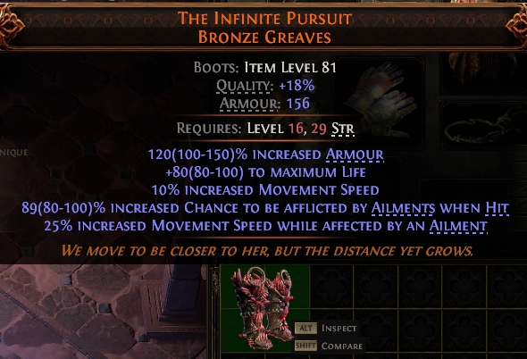 MMOJUGG Path of Exile 2 THE INFINITE PURSUIT BRONZE GREAVES#947977 Details View of Item Function and Use