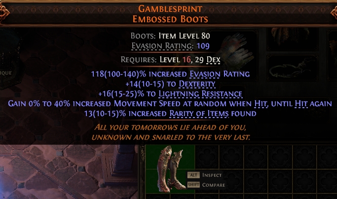 MMOJUGG Path of Exile 2 GAMBLESPRINT EMBOSSED BOOTS#948038 Details View of Item Function and Use