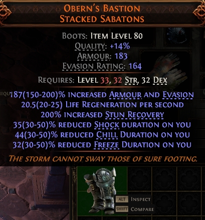 MMOJUGG Path of Exile 2 OBERN'S BASTION STACKED SABATONS#948041 Details View of Item Function and Use