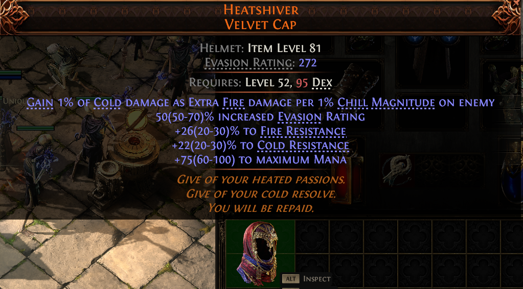 MMOJUGG Path of Exile 2 HEATSHIVER VELVET CAP#948529 Details View of Item Function and Use