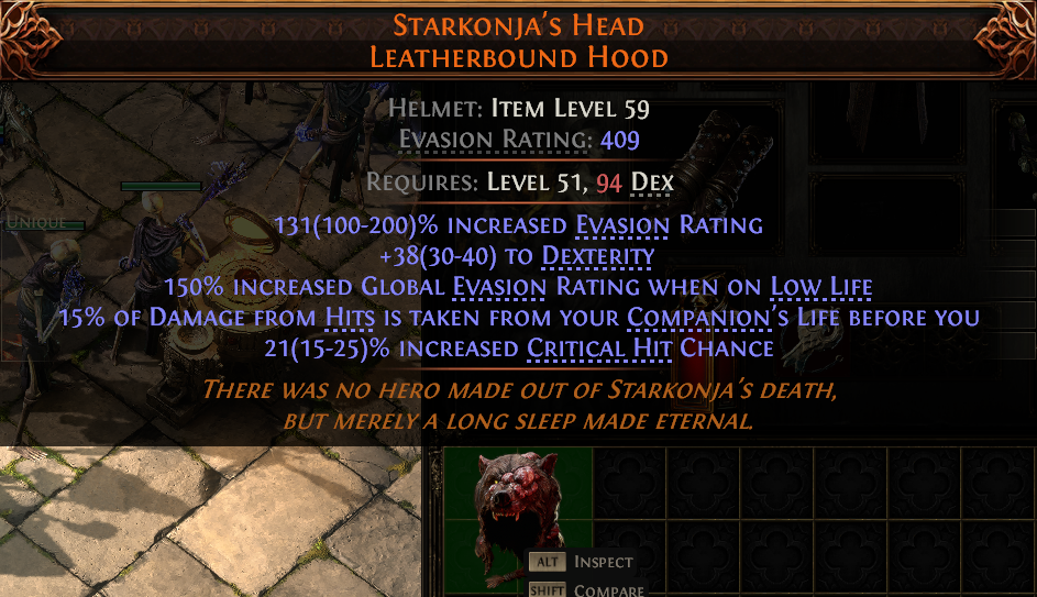 MMOJUGG Path of Exile 2 STARKONJA'S HEAD LEATHERBOUND HOOD#948531 Details View of Item Function and Use