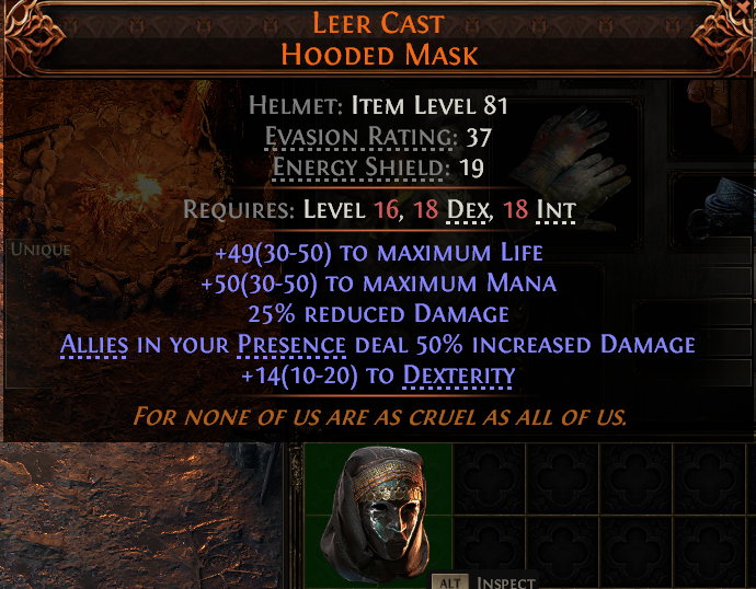 MMOJUGG Path of Exile 2 LEER CAST HOODED MASK#948610 Details View of Item Function and Use