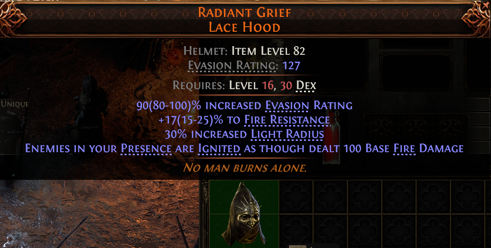MMOJUGG Path of Exile 2 RADIANT GRIEF LACE HOOD#949040 Details View of Item Function and Use