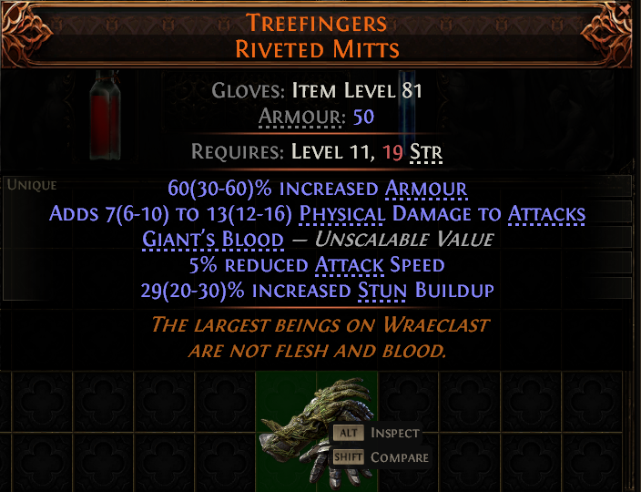 MMOJUGG Path of Exile 2 TREEFINGERS RIVETED MITTS#949391 Details View of Item Function and Use