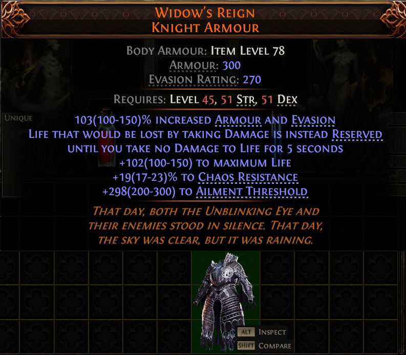 MMOJUGG Path of Exile 2 WIDOW'S REIGN KNIGHT ARMOUR#949429 Details View of Item Function and Use