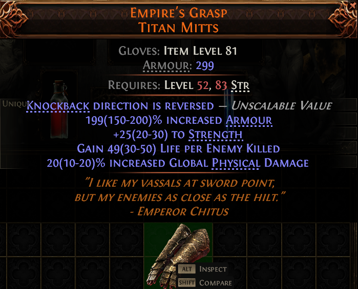 MMOJUGG Path of Exile 2 EMPIRE'S GRASP TITAN MITTS#949457 Details View of Item Function and Use