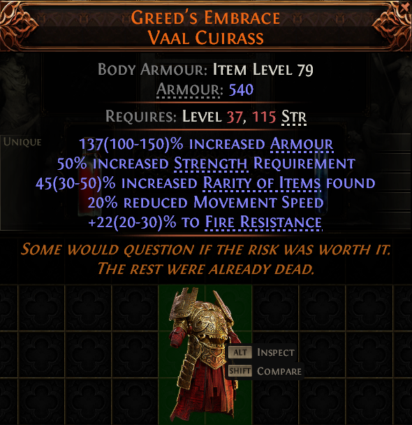 Path of Exile 2 GREED'S EMBRACE VAAL CUIRASS#949483 Details MMOJUGG Path of Exile 2 GREED'S EMBRACE VAAL CUIRASS#949483 Details View of Item Function and Use