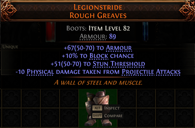 MMOJUGG Path of Exile 2 LEGIONSTRIDE ROUGH GREAVES#949492 Details View of Item Function and Use