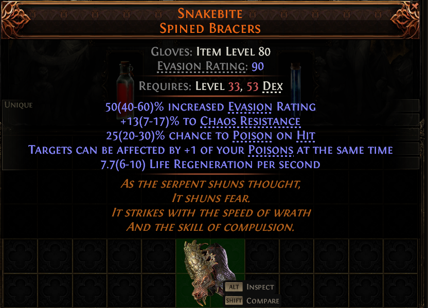 MMOJUGG Path of Exile 2 SNAKEBITE SPINED BRACERS#949495 Details View of Item Function and Use