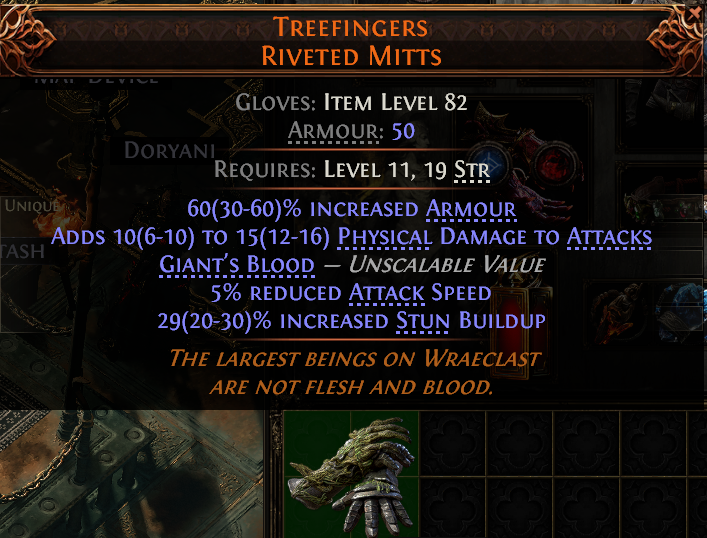 MMOJUGG Path of Exile 2 TREEFINGERS RIVETED MITTS#949531 Details View of Item Function and Use