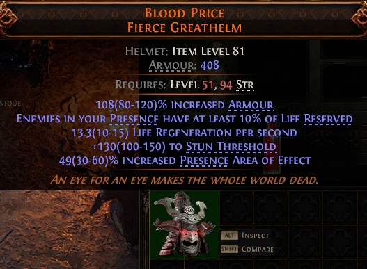 MMOJUGG Path of Exile 2 BLOOD PRICE FIERCE GREATHELM#950021 Details View of Item Function and Use