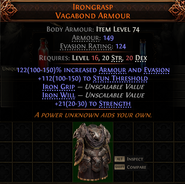 MMOJUGG Path of Exile 2 IRONGRASP VAGABOND ARMOUR#950075 Details View of Item Function and Use