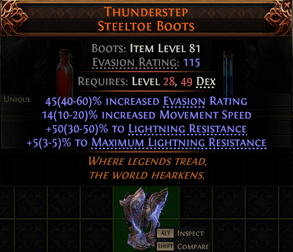 PoE2 (Runes of Aldur 0.5.0) THUNDERSTEP STEELTOE BOOTS#950087 Details MMOJUGG Path of Exile 2 THUNDERSTEP STEELTOE BOOTS#950087 Details View of Item Function and Use