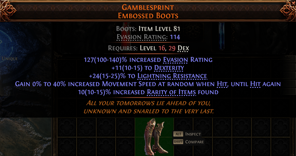MMOJUGG Path of Exile 2 GAMBLESPRINT EMBOSSED BOOTS#950142 Details View of Item Function and Use